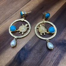 Load image into Gallery viewer, Golden Dangle Turquoise Stone Earrings
