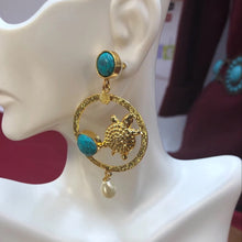 Load image into Gallery viewer, Golden Dangle Turquoise Stone Earrings
