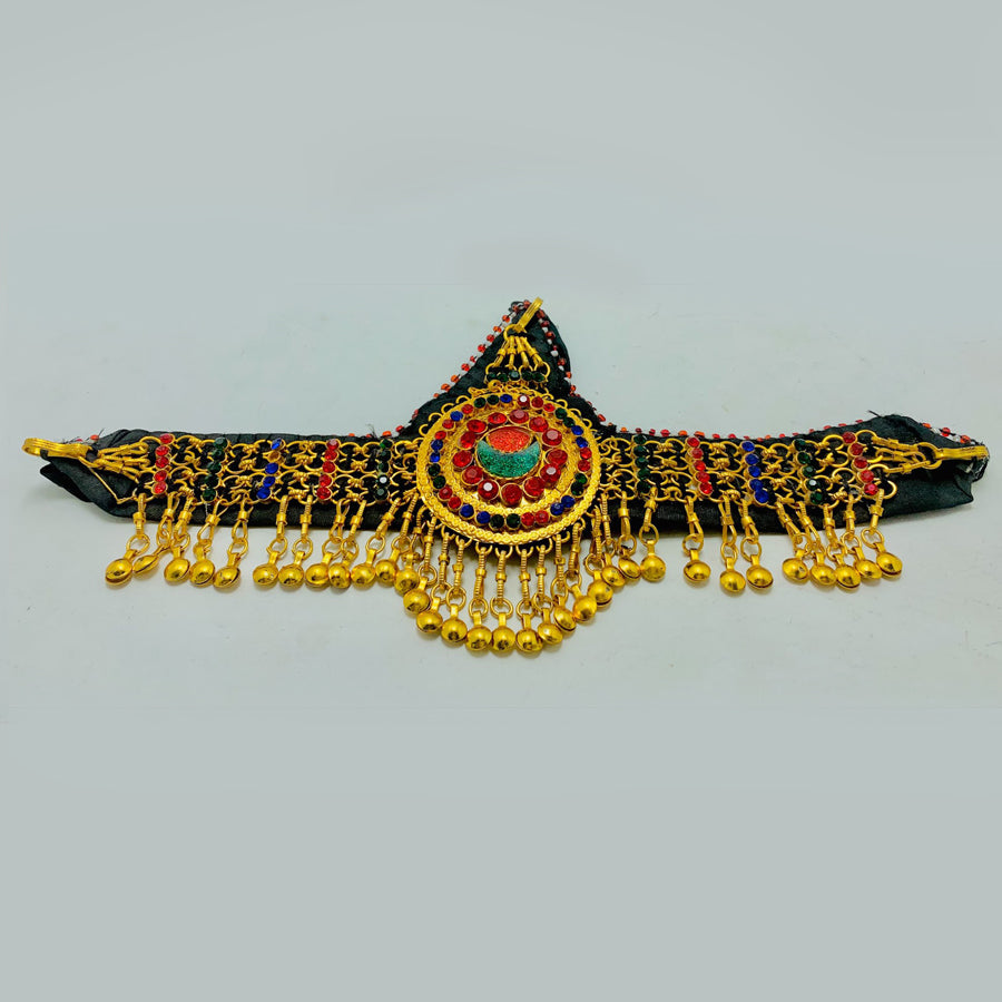 Golden Afghan Matha Patti With Multicolor Glass Stones, Tribal Head Piece, Handmade Golden Headpiece Unique Glass Stones Matha Patti  main image 3