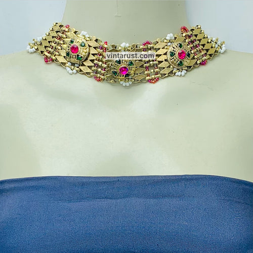 Golden Metal Collar Choker Necklace With Multicolor Stones