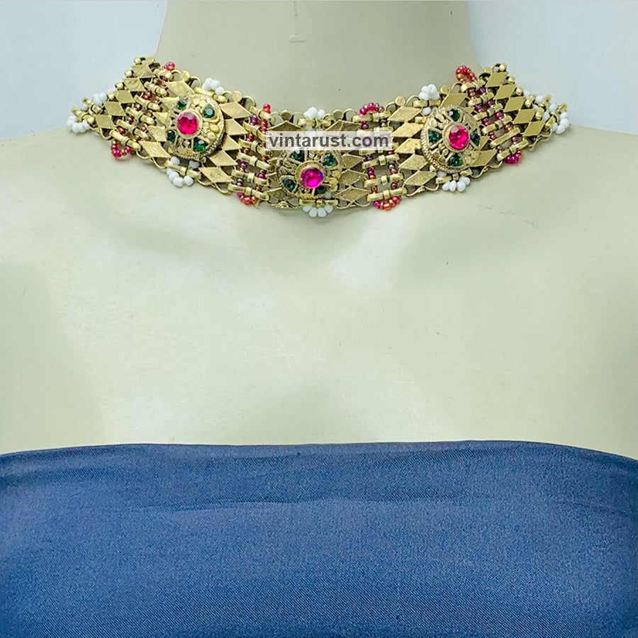Golden Metal Collar Choker Necklace With Multicolor Stones