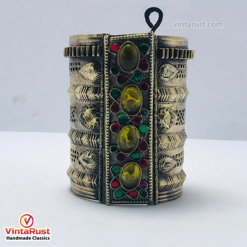 Golden Tribal Cuff Bracelet With Big Glass Stones