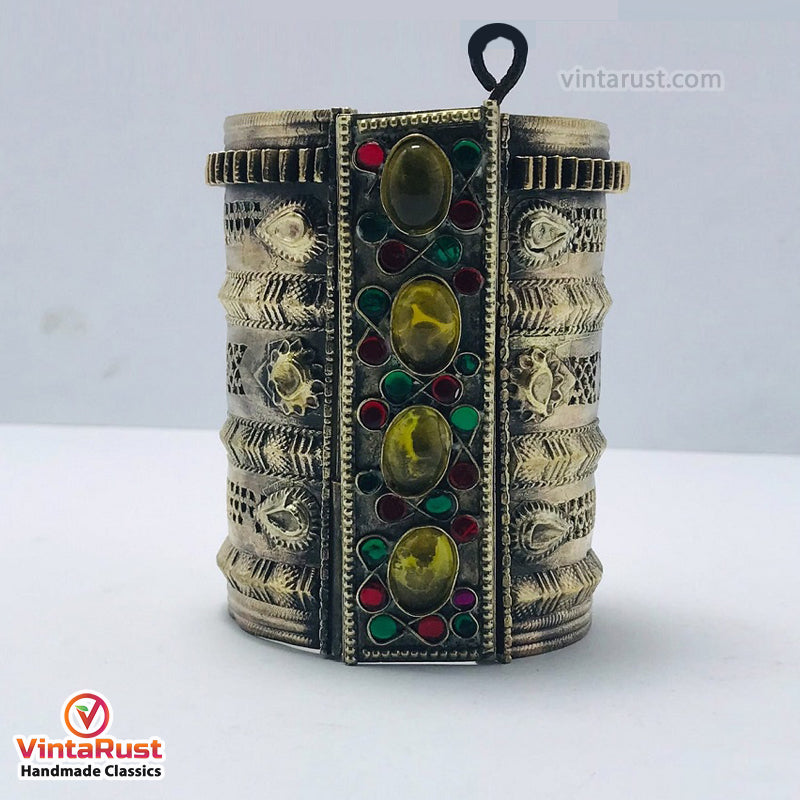 Golden Tribal Cuff Bracelet With Big Glass Stones