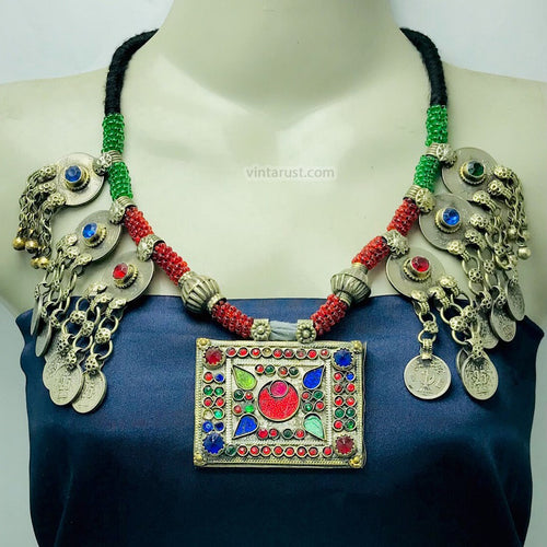 Green and Red Beaded Necklace With Vintage Coins