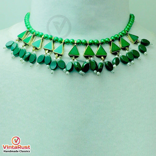 Green Beaded Stone and Small Pearls Necklace