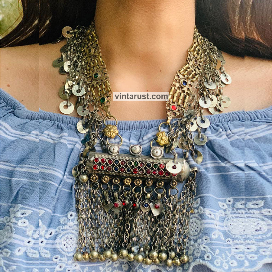 Gypsy Big Pendant Necklace With Dangling Tassels