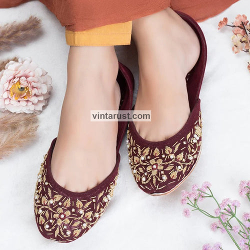 Hand Embroidered Maroon Indian Ethnic Shoes