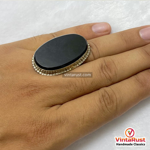 Handcrafted Black Gemstone Statement Silver Ring