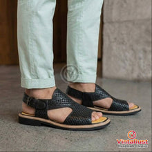 Load image into Gallery viewer, Handcrafted Black Leather Tribal Peshawari Sandals
