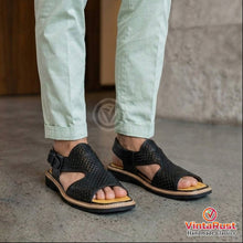 Load image into Gallery viewer, Handcrafted Black Leather Tribal Peshawari Sandals
