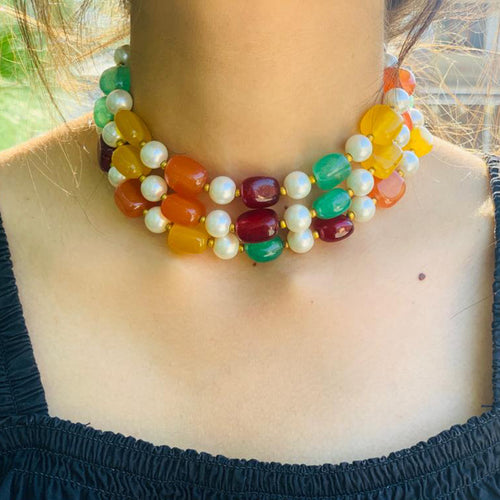 Handcrafted Colorful Stones and Pearls Choker Necklace