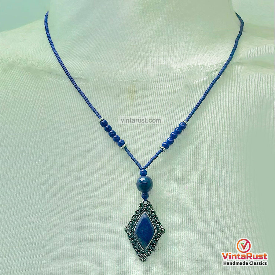 Handcrafted Lapis Lazuli Diamond Pendant Necklace
