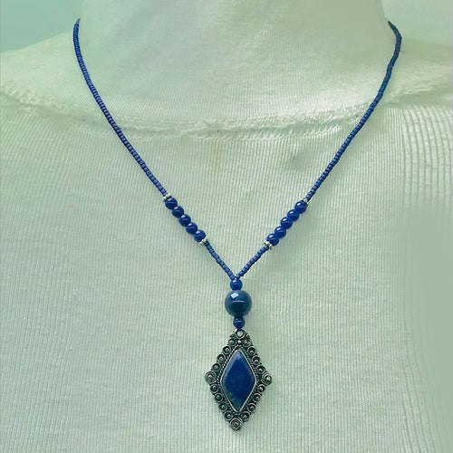 Handcrafted Lapis Lazuli Diamond Pendant Necklace