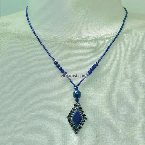Handcrafted Lapis Lazuli Diamond Pendant Necklace