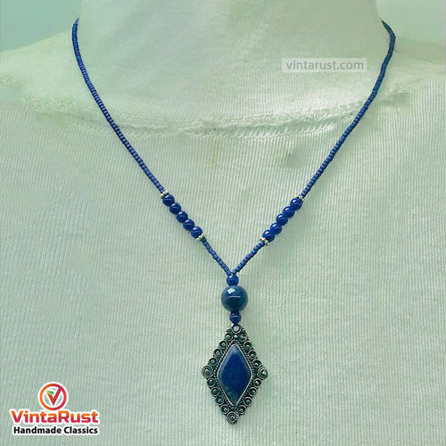 Handcrafted Lapis Lazuli Diamond Pendant Necklace
