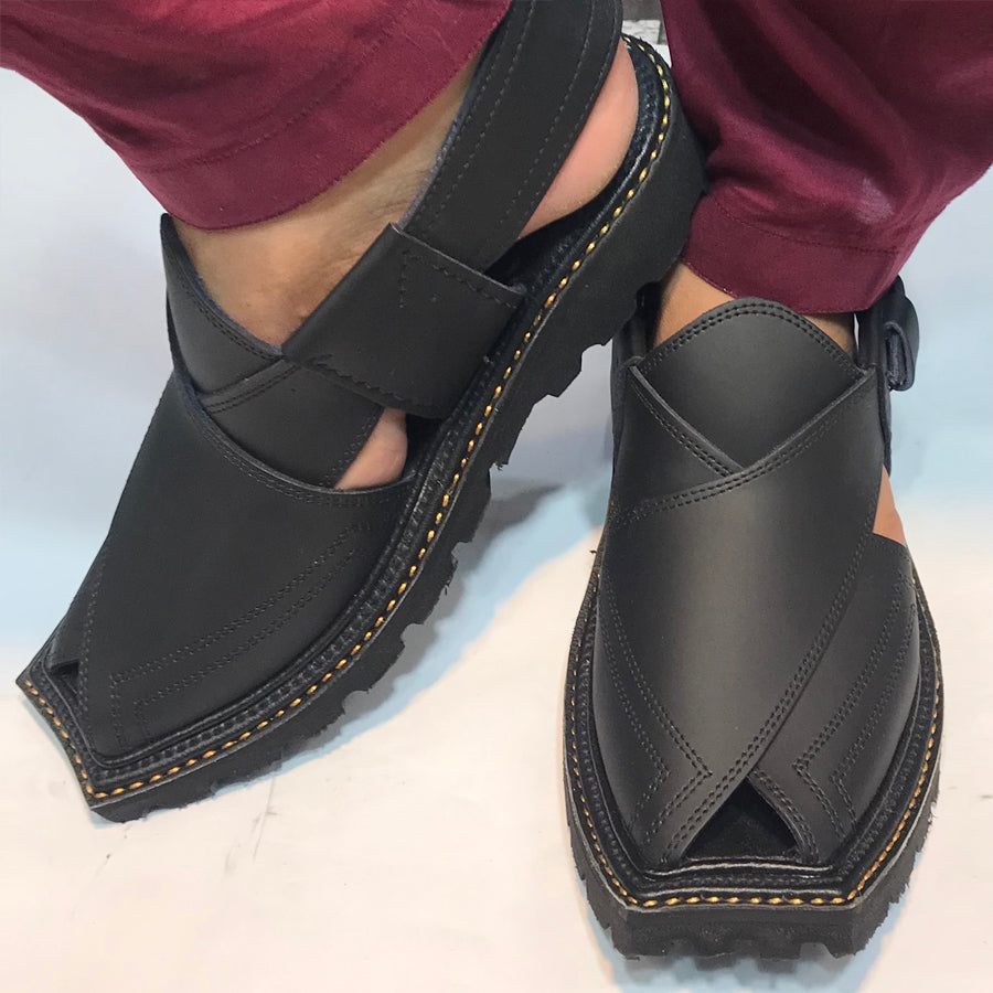 Black Leather Tribal Peshawari Chappal: Traditional Handmade Men’s Footwear Handmade Black Leather Peshawari Chappal Sandals: Men main image 4