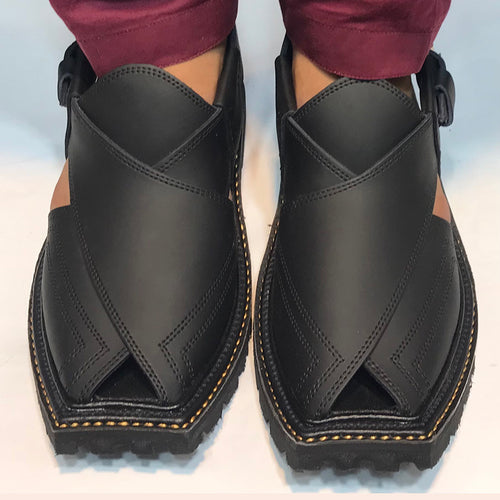 Black Leather Handmade Peshawari Chappal