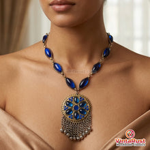 Load image into Gallery viewer, Handmade Blue Glass Stone Tassel Statement Necklace
