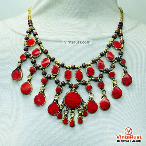 Handmade Bohemian Red Stone Bib Necklace