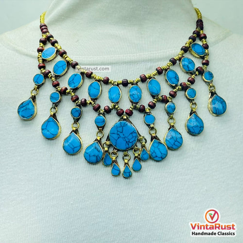 Handmade Bohemian Turquoise Wood Beaded Bib Necklace