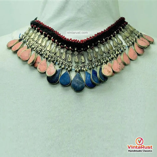 Handmade Coral and Lapis Stone Choker Necklace