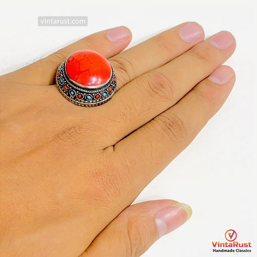 Handmade Coral Stones Beads Round Ring