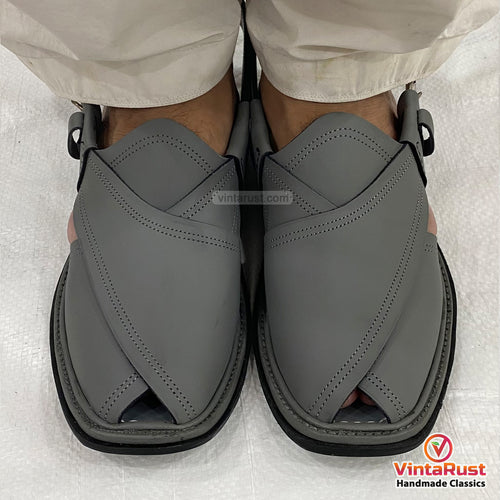 Handmade Dark Grey Leather Peshawari Chappal