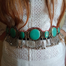 Load image into Gallery viewer, Vintage Kuchi Green Stones Belt With Silver Bells
