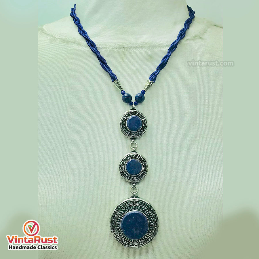 Lapis Blue Stone Silver Pendant Necklace