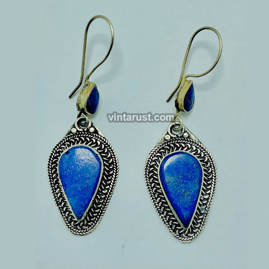 Handmade Long Dangle Lapis Lazuli Stone Earrings