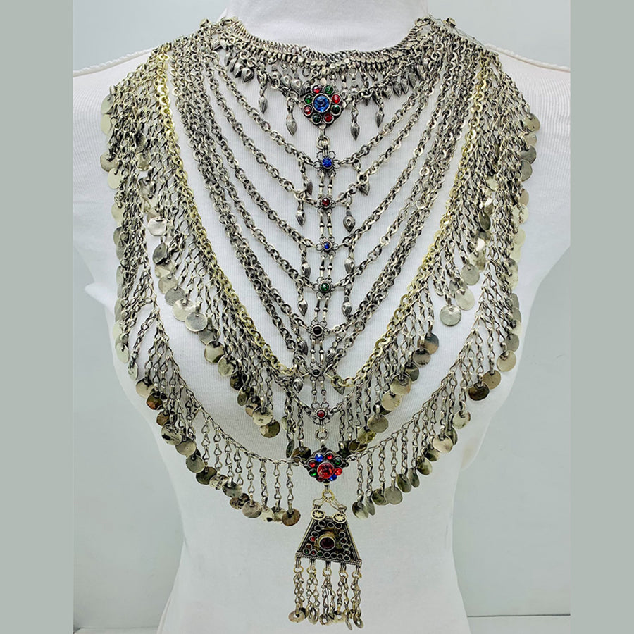 Handmade Silver Kuchi Multi Strands Bib Necklace