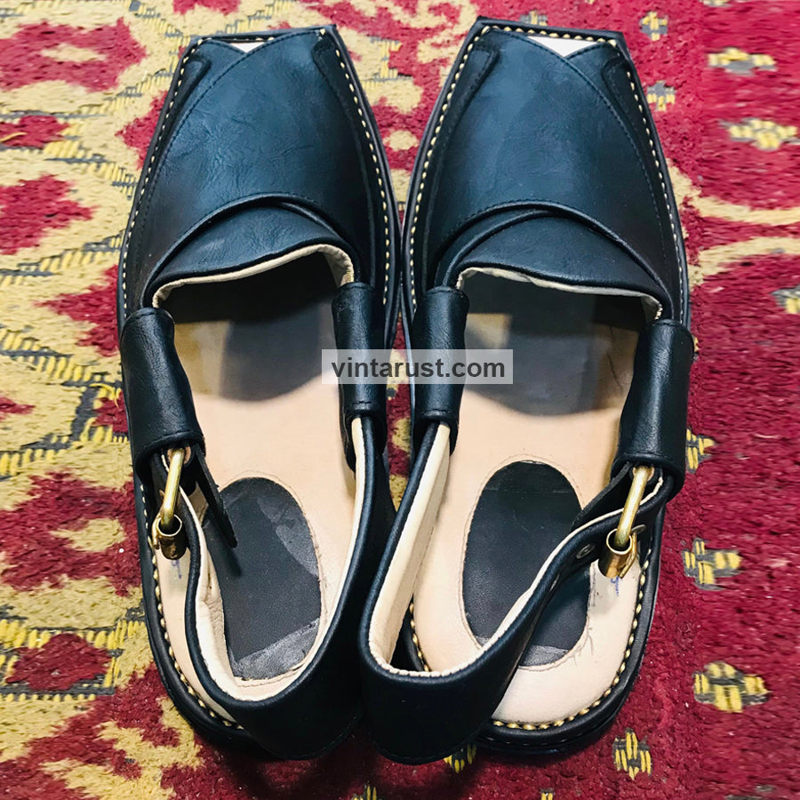 Handmade Soft Black Leather Peshawari Men display picture 3