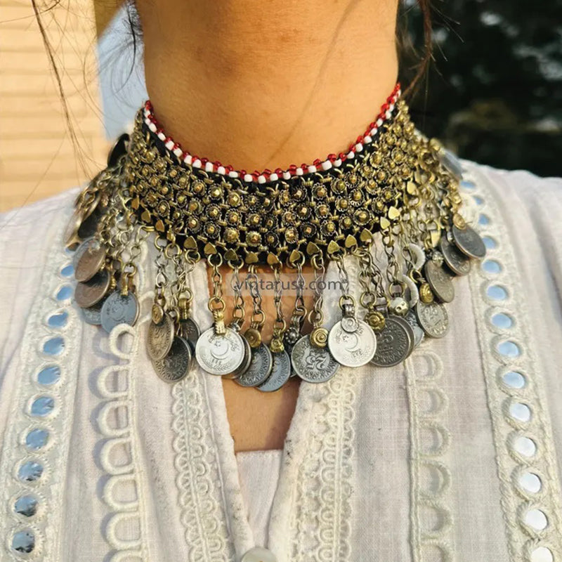 Handmade Statement Necklace With Dangling Coins