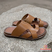 Load image into Gallery viewer, Men's Handmade Tan Leather Cross Strap Slippers
