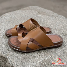 Load image into Gallery viewer, Men's Handmade Tan Leather Cross Strap Slippers
