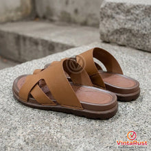 Load image into Gallery viewer, Men's Handmade Tan Leather Cross Strap Slippers
