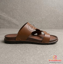 Load image into Gallery viewer, Men's Handmade Tan Leather Cross Strap Slippers
