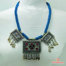 Load image into Gallery viewer, Tribal Blue Beaded Necklace With Dangling Pendant
