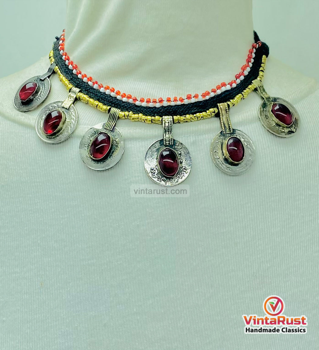 Handmade Tribal Glass Stone Coins Choker Necklace