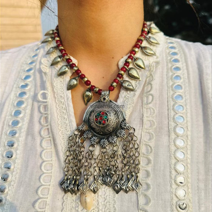 Handmade Tribal Necklace with Red and Gold Beads