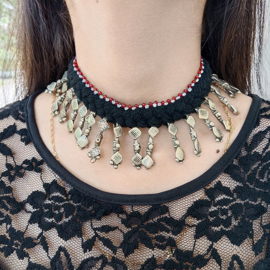 Tribal Boho Vintage Choker Necklace With Dangling Silver Spikes
