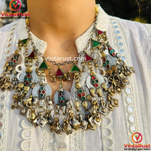  Antique Dangling Coins Choker Necklace With Green and Red Glass Stones