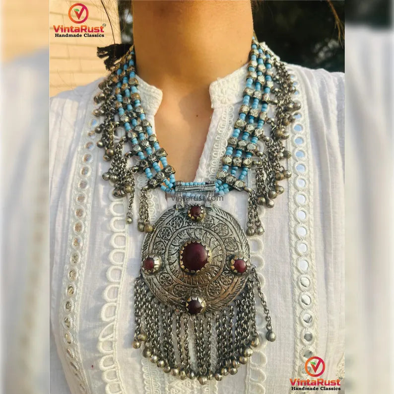 Silver Kuchi Big Pendant Necklace, Nomadic Boho Necklace With Dangling Bells