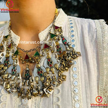 Load image into Gallery viewer,  Antique Dangling Coins Choker Necklace With Green and Red Glass Stones
