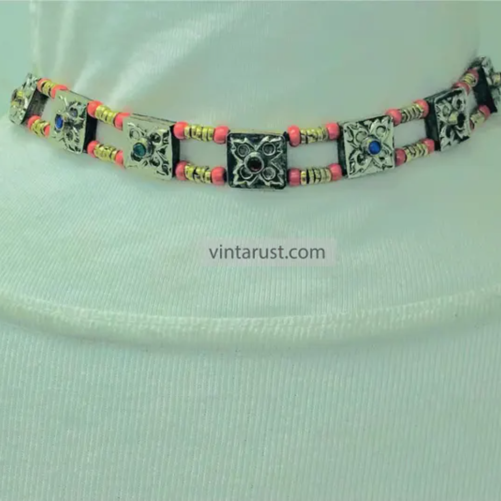 Bohemian Ethnic Necklace, Gypsy Choker With with Colorful Beads