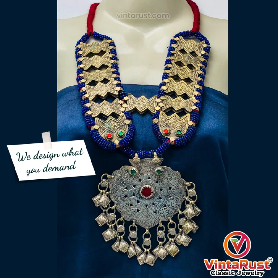 Blue Beaded Turkmen Vintage Massive Pendant Necklace