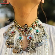 Load image into Gallery viewer, Vintage Dangling Coins Necklace With Green and Red Glass Stones
