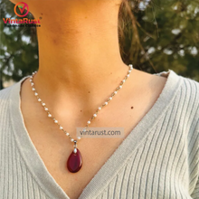 Load image into Gallery viewer, Handmade Necklace with Agate Stone Teardrop Pendant on Pearl Chain
