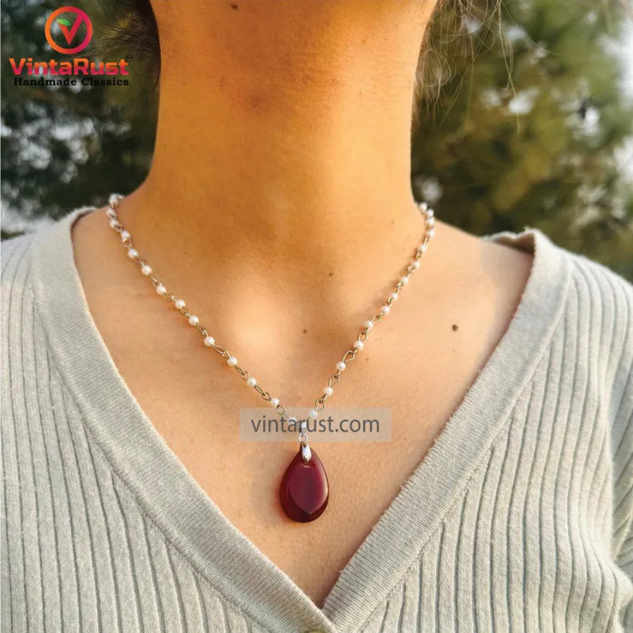 Handmade Necklace with Agate Stone Teardrop Pendant on Pearl Chain