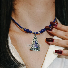 Load image into Gallery viewer, Lapis Beaded Chain Necklace Silver Triangle Pendant with Gemstone Ring
